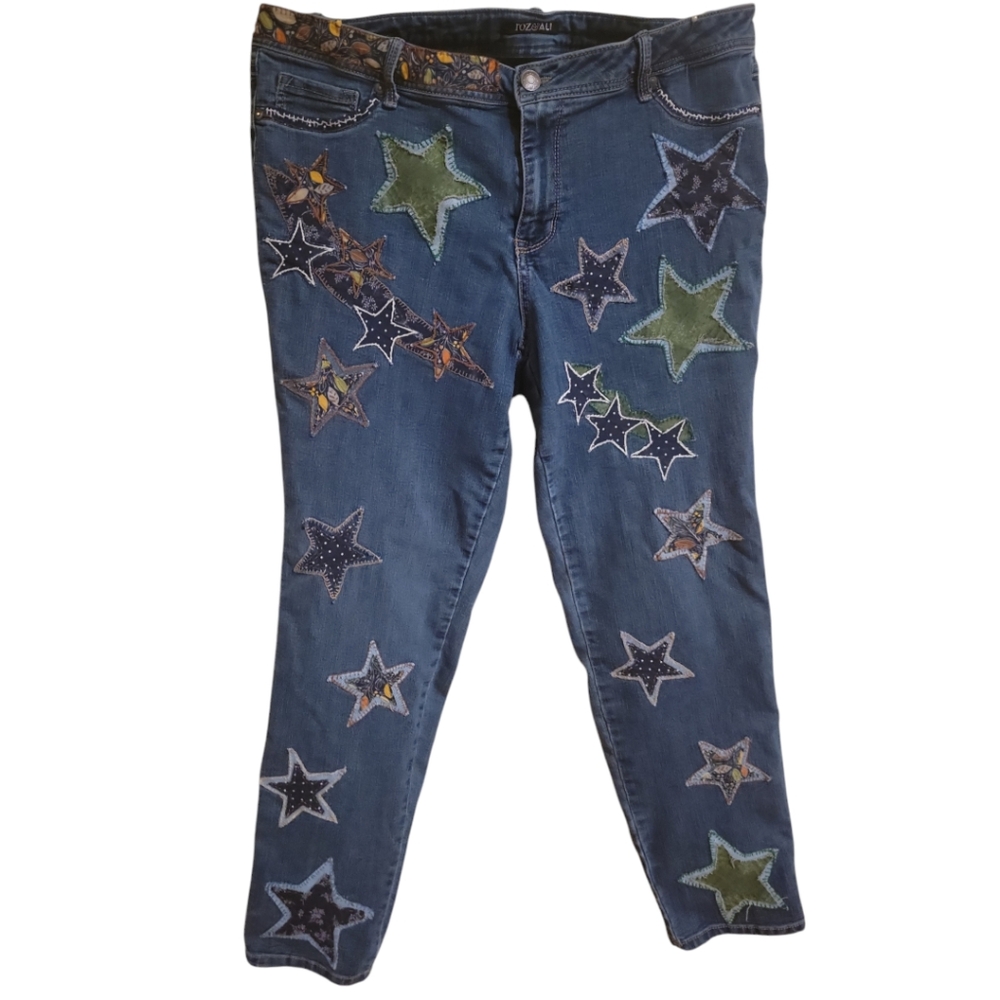 HAND CRAFTED Jeans UPCYCLED Blue Denim Patchwork Stars Floral Applique Size 18